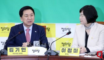 [포토] 정의당 찾아 발언하는 김기현 대표