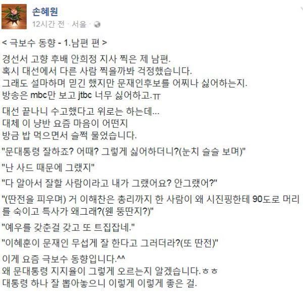 손혜원 의원, '극보수 동향' 남편 소개글 화제…"문재인 대통령 그렇게 싫어하더니"