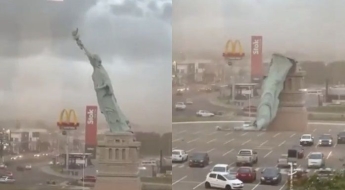 시속 90㎞ '괴물 강풍'에 고꾸라진 '자유의 여신상' 복제품…인명 피해 無