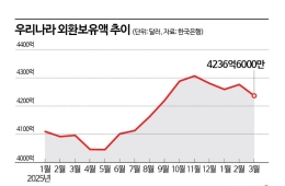 3월 외환보유액 4236억달러…'환율 방어' 등에 40억달러 줄어