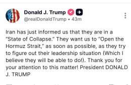 Trump: "Iran Admits to 'State of Collapse'... Requests Opening of Hormuz"