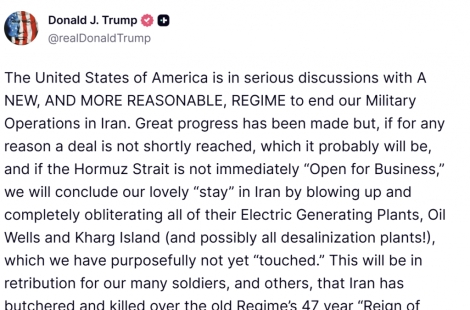 트럼프 "호르무즈 해협 개방 안하면 하르그섬과 모든 발전소 폭파"