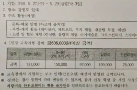 "강릉 가는데 60만원" 수학여행 비용 논란에…"현직 교사 입장에서 말해보겠다"