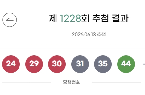 1228회 로또 '24, 29, 30, 31, 35, 44'…1등 당첨금 26.9억 