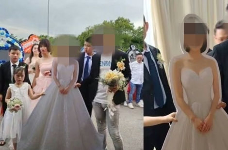 "다음 생에도 꼭 다시 만나자" 약혼녀 등신대 품고 결혼식 치른 말레이시아 남성