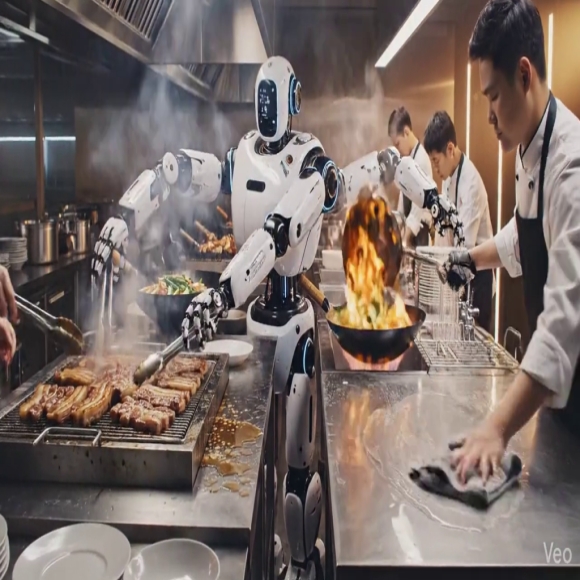 뜨거운 불 앞, 삼겹살 굽고 웍질하는 '로봇 알바생'