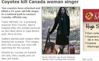 캐나다 10대 가수 테일러 미첼, 코요테 습격에 '사망'