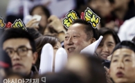 [포토] 두산그룹 박용만 회장의 머리띠 응원
