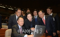 [포토]본회의장 전자투표 체험하는 김용 총재