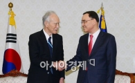 [포토]악수하는 무라야마 전 총리-정홍원 국무총리 
