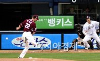 [포토]홍성흔,'잘 맞은 타구가 투수에게 걸리네'