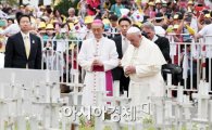[포토]작은 십자가들 앞에서 기도하는 프란치스코 교황 
