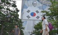 [포토]서울시청 외벽, 대형 김구 선생 이미지로 교체