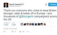 [브렉시트 투표]캐머런 英 총리 "EU 잔류에 투표해주신 분들께 감사"