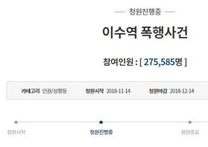 "이수역 폭행사건 가해자 처벌" 청와대 국민청원, 27만명↑