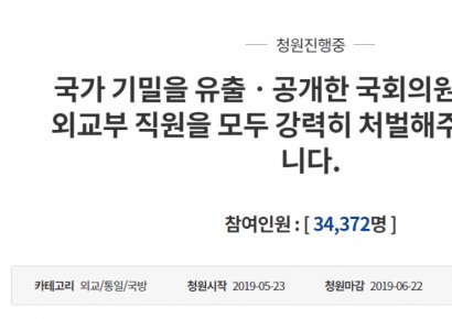 靑국민청원 "국가기밀 유출·공개한 강효상·외교관, 강력 처벌해야"