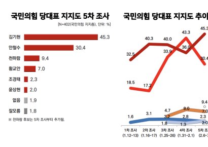 "김기현, 안철수 상대로 재역전"…리얼미터 "김 45.3% 안 30.4%"
