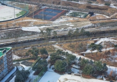 거대한 용 그림과 '해피 뉴 이어'…눈 쌓인 세종시 운동장에 진풍경