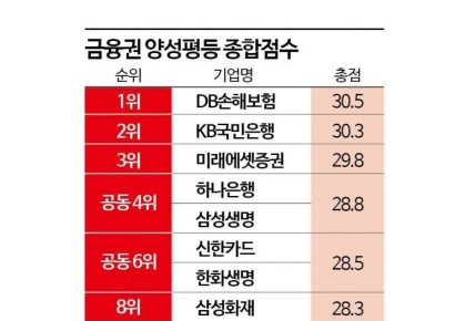 금융권 양성평등 우리은행·현대해상 꼴찌…1·2위는 DB손보·국민은행[K인구전략]