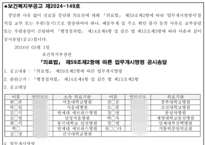 복지부, 전공의 13명 업무개시명령 '공고'…면허번호까지 공개