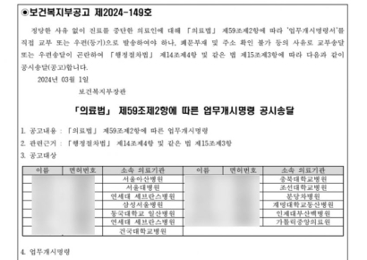 복지부, 전공의 13명 업무개시명령 '공고'