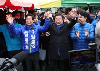 이재명, 충남 후보 4인과 험지 '홍성' 찾아…"충청은 민심 풍향계"