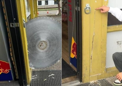 3초만에 날아와 박힌 톱날…편의점 찾은 남성 '생사교차' 화제