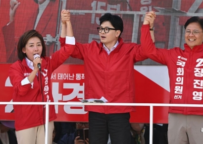[포토] 장진영·나경원 지지 호소하는 한동훈 위원장