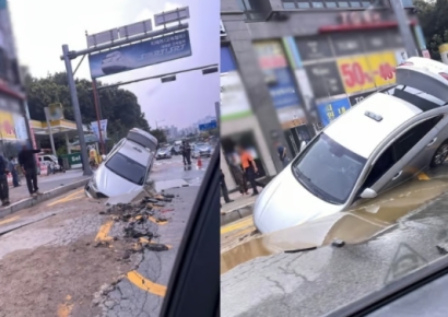운행 중인 택시가 땅 속으로 '쑥'…평택서 3m 싱크홀 발생