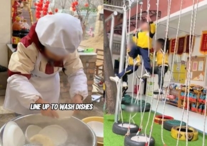 빨래하고 요리하는 유치원생…中 군대식 유치원 화제