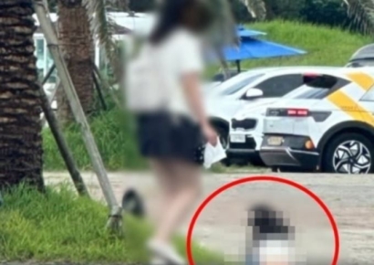"중국인이 또?"…대낮 주차장서 용변 본 아이, 엄마는 구경만