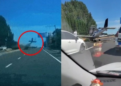 도로에 비행기가 '쿵'…중국서 경비행기 착륙사고 '아찔'
