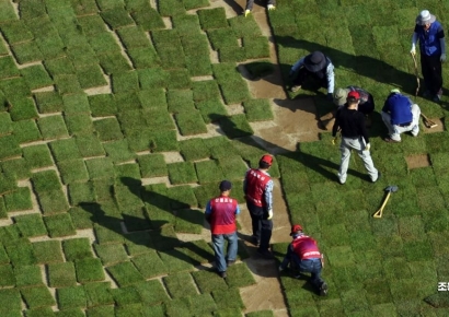 [포토] 막바지 폭염, 잔디로 변신하는 서울광장