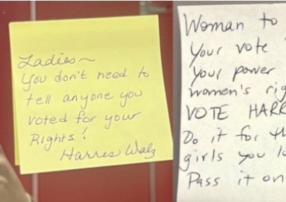 "남편 몰래 해리스 찍자" 美 여자화장실 쪽지 확산