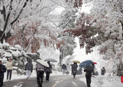 [포토] 폭설 내린 눈길을 걸으며