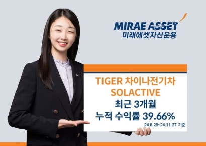 미래에셋 ‘TIGER 차이나전기차 SOLACTIVE ETF’ 3개월 누적 수익률 39.7% 