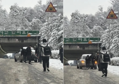 "언덕 끝까지 밀고 또 밀어주더라"…폭설 속 학생들 미담 속출