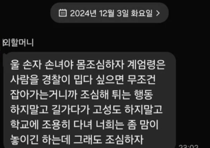 "튀는 행동 말고 몸조심해"…계엄 유경험자 할머니, 손주들에 문자