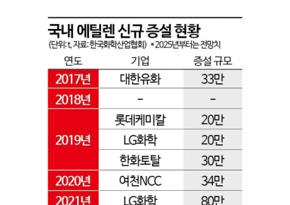 국내 에틸렌 신증설 6년 만에 '제로'…중동·中 설비확대에 "규모경제도 어렵다"