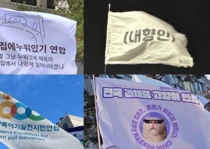"심각한 시위도 축제처럼" NYT, 한국 시위 깃발에 담긴 풍자 조명 