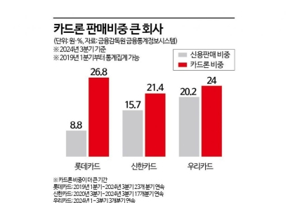 '본업' 뒷전 '카드론' 집중…건전성 훼손 경고음 "롯데 〉 신한 〉 우리"