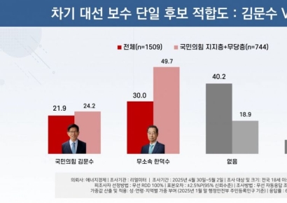 '보수 단일후보' 한덕수 30%로 김문수 앞질러…3자 대결시 이재명 1위