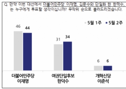 대선 3자 구도, 이재명 오차범위 밖 앞서...李 44% vs 韓 34%, 李 43% vs 金 29%[폴폴뉴스]