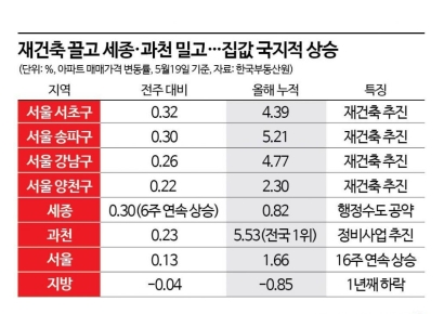 강남 재건축 끌고 세종 대선공약 밀고…과천 올해 벌써 5.5%↑