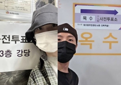 '불똥튈라' 꽁꽁 감춘 아이유·제이홉…손가락 가리고, 무채색 옷 입고 '투표인증'