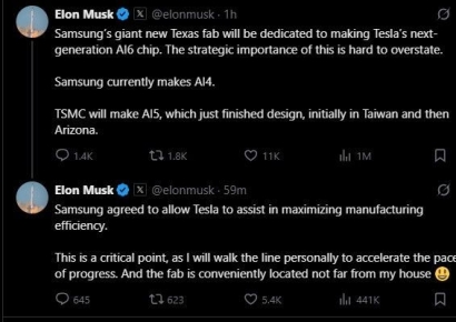 [속보]일론 머스크 "삼성, 테슬라 차세대 AI6 칩 생산"