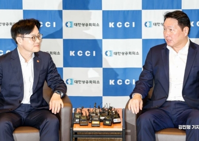 [포토] 면담하는 김정관 산업부 장관-최태원 대한상의 회장