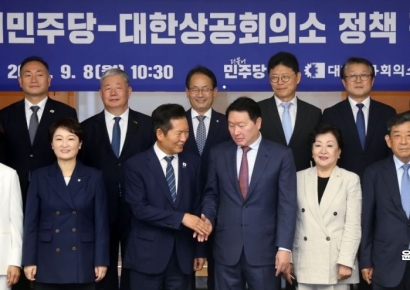 [포토] 악수 나누는 최태원 회장-정청래 대표