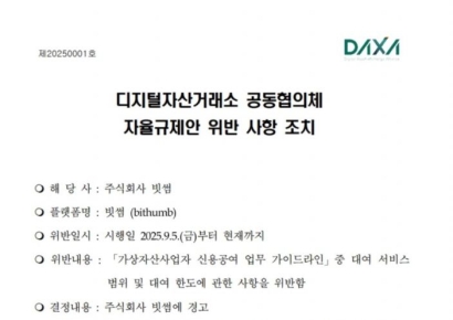 [비트코인 지금]닥사, 빗썸 가상자산 대여 서비스 '경고'…"자율규제안 위반"