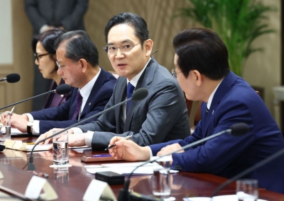 파란 넥타이 매고 李대통령 만난 이재용 "5년간 6만명 채용"…최태원 "용인에만 600조 투자"